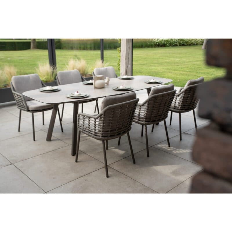 4Seasons Outdoor "Puglia" Diningsessel, Aluminium terre, Rope grau, Bezug hellgrau mit Tisch "Manolo", Aluminium terre
