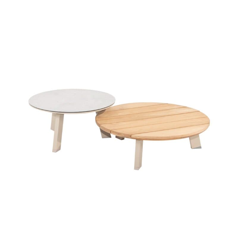 4Seasons Outdoor "Emma" Tischset, Tischbeine Aluminium latte, Ø 65 cm Tischplatte Keramik hellgrau, Ø 80 cm Tischplatte Teakholz