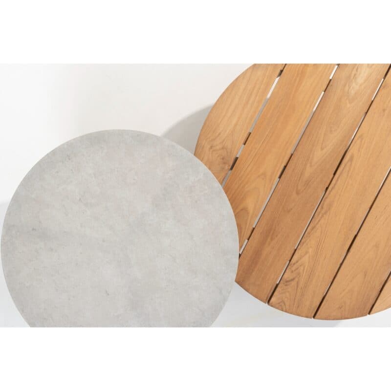 4Seasons Outdoor "Emma" Tischset, Tischbeine Aluminium latte, Ø 65 cm Tischplatte Keramik hellgrau, Ø 80 cm Tischplatte Teakholz