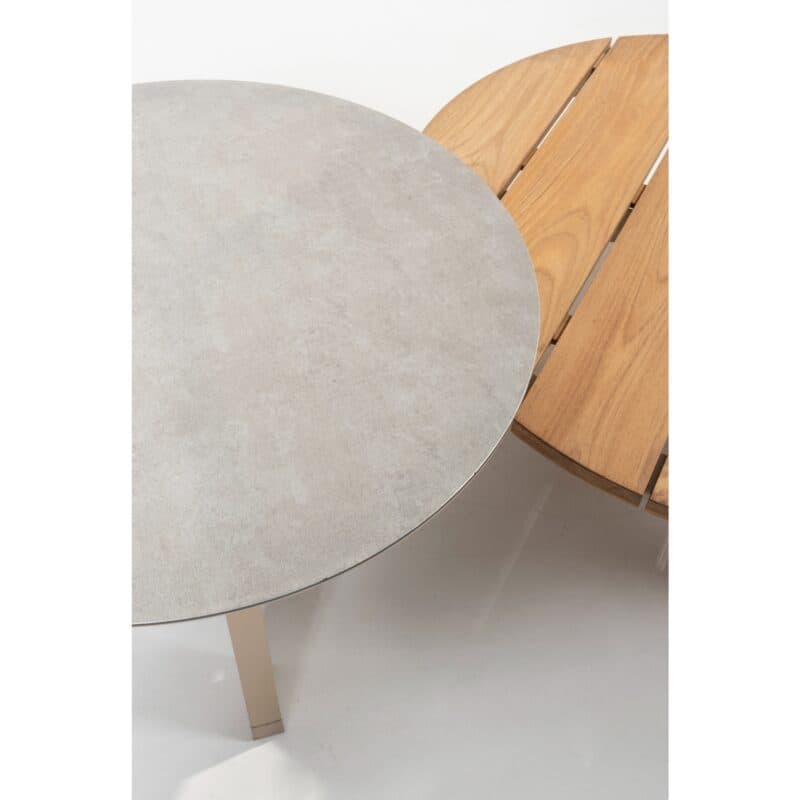 4Seasons Outdoor "Emma" Tischset, Tischbeine Aluminium latte, Ø 65 cm Tischplatte Keramik hellgrau, Ø 80 cm Tischplatte Teakholz