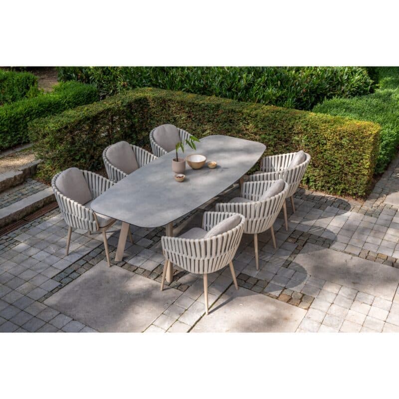 4Seasons Outdoor Set mit Tisch "Manolo" 240x103 cm, Tischplatte Keramik hellgrau mit Diningsessel "Eva" Rope beige, Aluminium latte