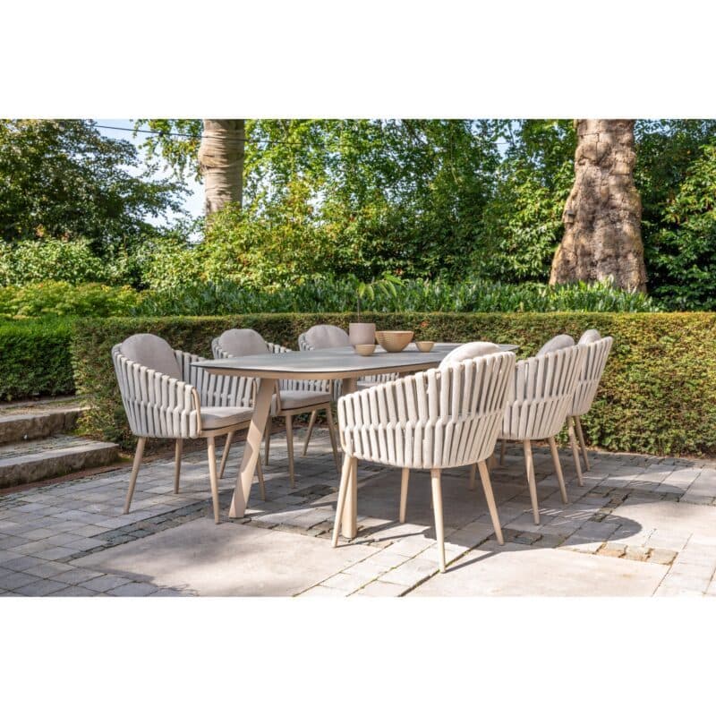 4Seasons Outdoor Set mit Tisch "Manolo" 240x103 cm, Tischplatte Keramik hellgrau mit Diningsessel "Eva" Rope beige, Aluminium latte