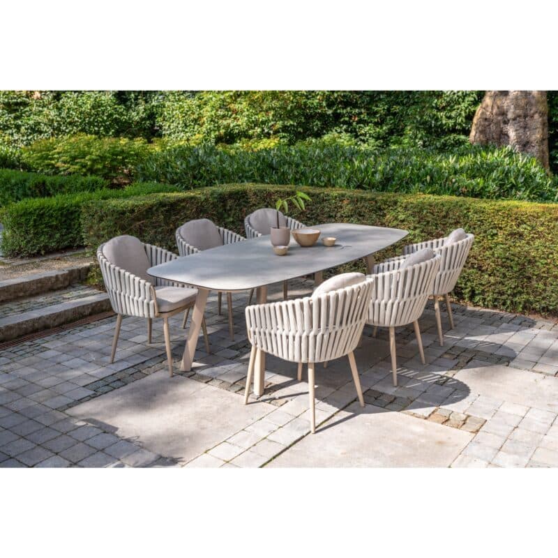 4Seasons Outdoor Set mit Tisch "Manolo" 240x103 cm, Tischplatte Keramik hellgrau mit Diningsessel "Eva" Rope beige, Aluminium latte