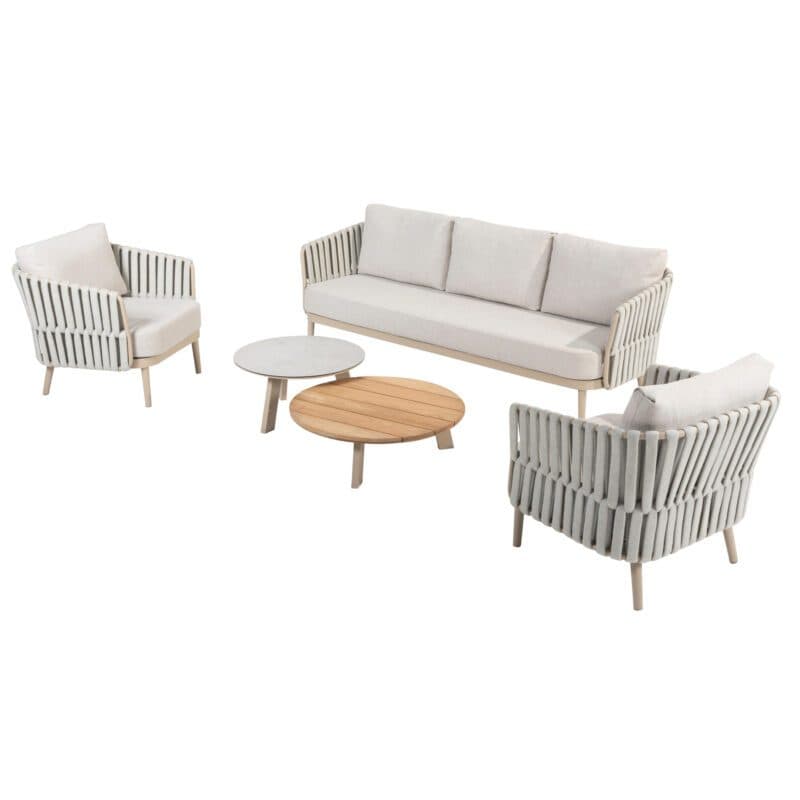 4Seasons Outdoor Loungeset mit "Eva" Loungemöbel, Rope beige, Bezug beige und "Emma" Tischset, Aluminium latte