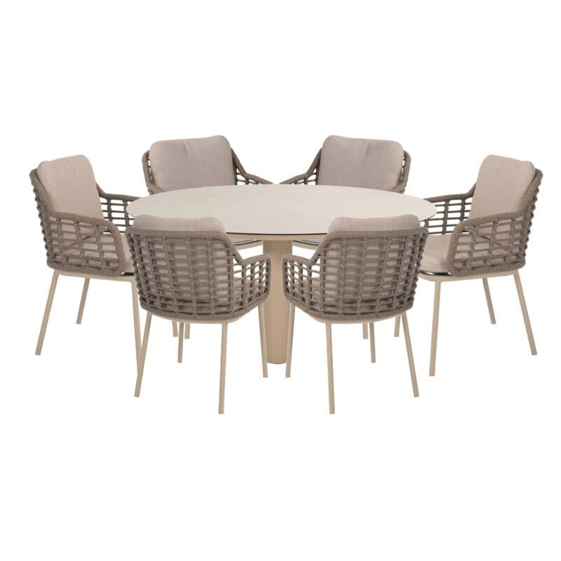 4Seasons Outdoor Set mit Tisch "Donato" 160 cm, Tischplatte Glaskeramik hellgrau mit Diningsessel "Puglia" Rope taupe, Aluminium latte
