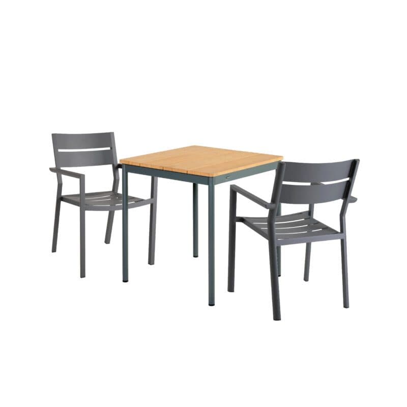 Brafab Bistro-Set 3-teilig, mit "Delia" Stapelstuhl Aluminium anthrazit und "Nox Bistro" Gartentisch Aluminium anthrazit 70x70 cm, Tischplatte Bambus