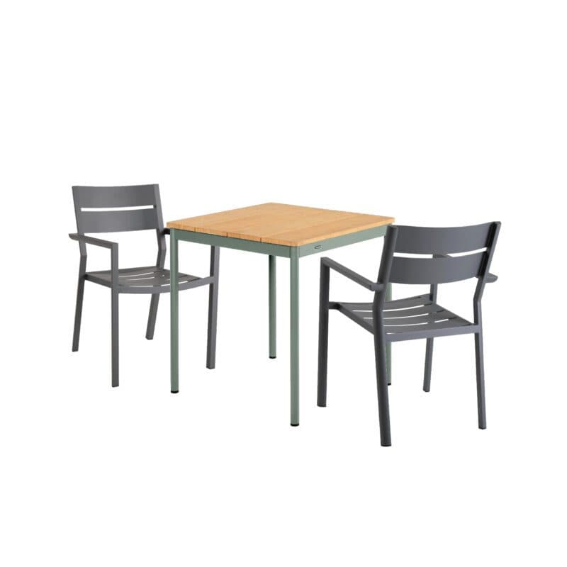 Brafab Bistro-Set 3-teilig, mit "Delia" Stapelstuhl Aluminium anthrazit und "Nox Bistro" Gartentisch Aluminium dusty green 70x70 cm, Tischplatte Bambus