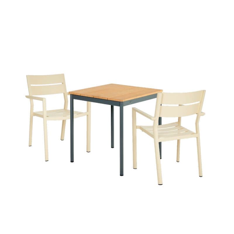 Brafab Bistro-Set 3-teilig, mit "Delia" Stapelstuhl Aluminium lemon und "Nox Bistro" Gartentisch Aluminium anthrazit 70x70 cm, Tischplatte Bambus
