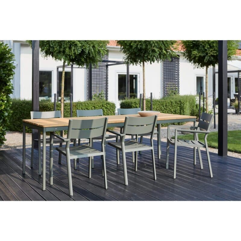 Brafab "Delia/Nox" Gartenmöbel-Set 7-teilig, mit Stapelstuhl und Gartentisch 238x90 cm, Gestelle Aluminium dusty green, Tischplatte Bambus