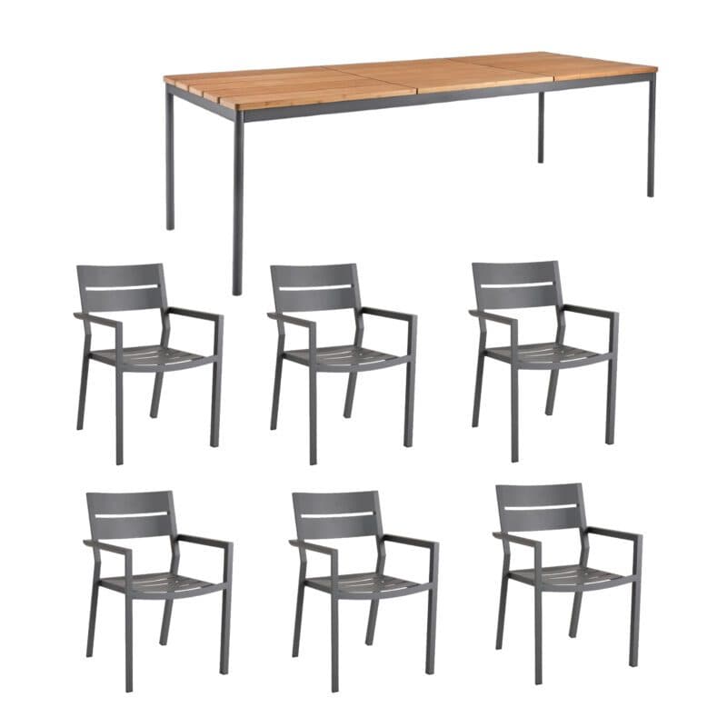 Brafab Gartenmöbel-Set 7-teilig, mit "Delia" Stapelstuhl Aluminium anthrazit und "Nox" Gartentisch Aluminium anthrazit 238x90 cm, Tischplatte Bambus