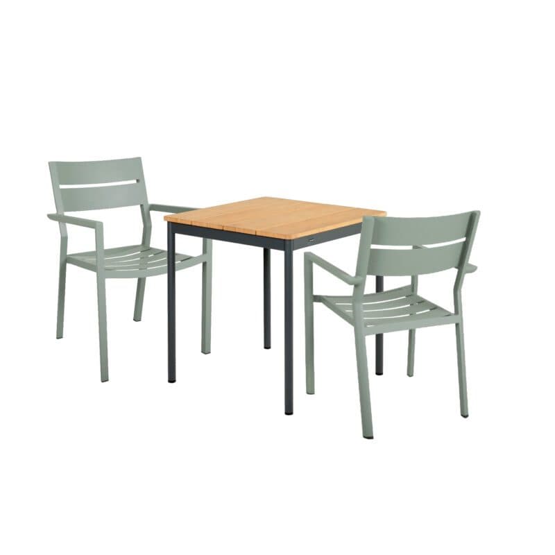 Brafab Bistro-Set 3-teilig, mit "Delia" Stapelstuhl Aluminium dusty green und "Nox Bistro" Gartentisch Aluminium anthrazit 70x70 cm, Tischplatte Bambus