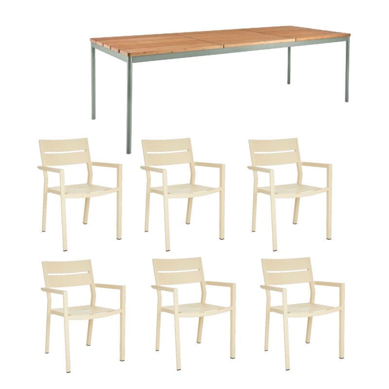 Brafab Gartenmöbel-Set 7-teilig, mit "Delia" Stapelstuhl Aluminium lemon und "Nox" Gartentisch Aluminium dusty green 238x90 cm, Tischplatte Bambus
