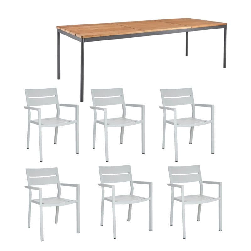 Brafab Gartenmöbel-Set 7-teilig, mit "Delia" Stapelstuhl Aluminium light grey und "Nox" Gartentisch Aluminium anthrazit 238x90 cm, Tischplatte Bambus