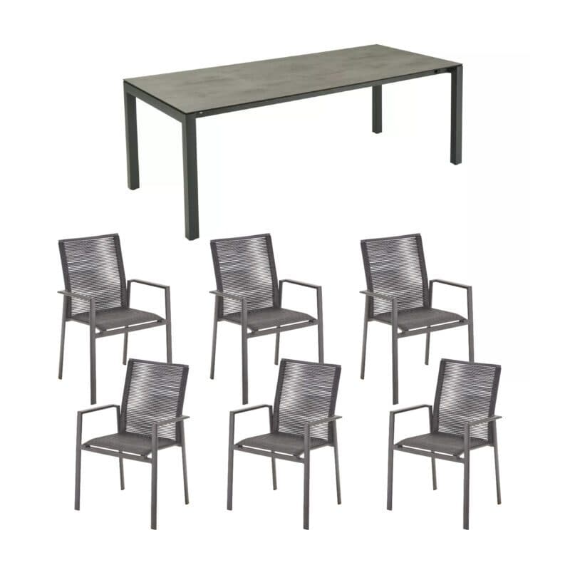 CASA DOMA Ausziehtisch "Amato" 210/270/330x100 cm, Tischplatte HPL Chromix anthrazit, mit Liadomo Stapelstuhl "Limbadi", Alu anthrazit, Rope anthrazit, Armlehnen Alu