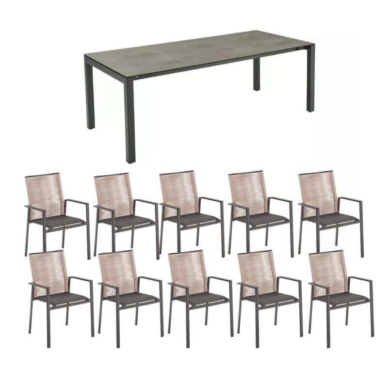 CASA DOMA Ausziehtisch "Amato" 210/270/330x100 cm, Tischplatte HPL Chromix anthrazit, mit Liadomo Stapelstuhl "Limbadi", Alu anthrazit, Rope beige