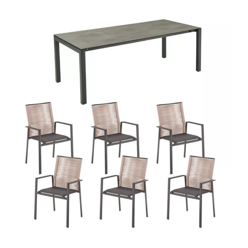 CASA DOMA Ausziehtisch "Amato" 210/270/330x100 cm, Tischplatte HPL Chromix anthrazit, mit Liadomo Stapelstuhl "Limbadi", Alu anthrazit, Rope beige