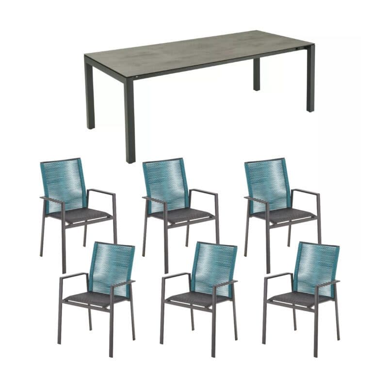 CASA DOMA Ausziehtisch "Amato" 210/270/330x100 cm, Tischplatte HPL Chromix anthrazit, mit Liadomo Stapelstuhl "Limbadi", Alu anthrazit, Rope blau
