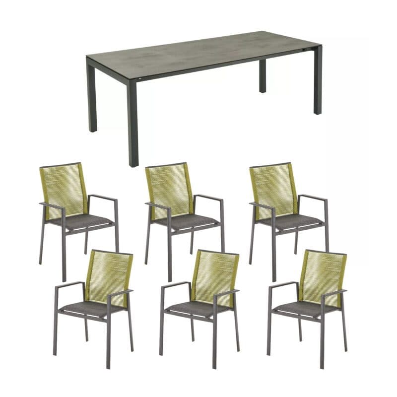 CASA DOMA Ausziehtisch "Amato" 210/270/330x100 cm, Tischplatte HPL Chromix anthrazit, mit Liadomo Stapelstuhl "Limbadi", Alu anthrazit, Rope grün