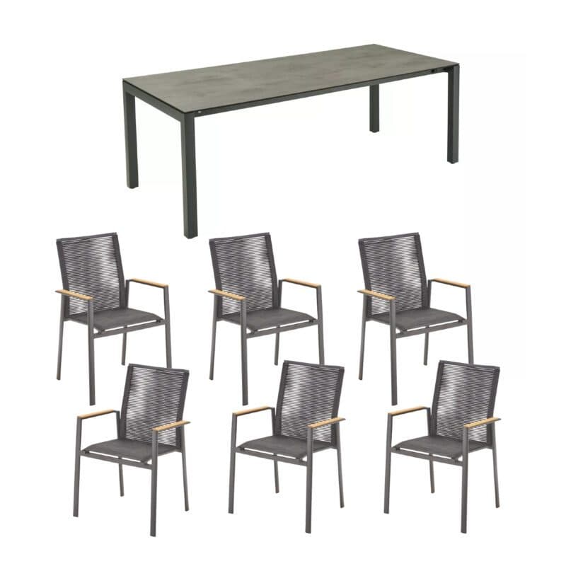 CASA DOMA Ausziehtisch "Amato" 210/270/330x100 cm, Tischplatte HPL Chromix anthrazit, mit Liadomo Stapelstuhl "Limbadi", Alu anthrazit, Rope anthrazit, Armlehnen Teak