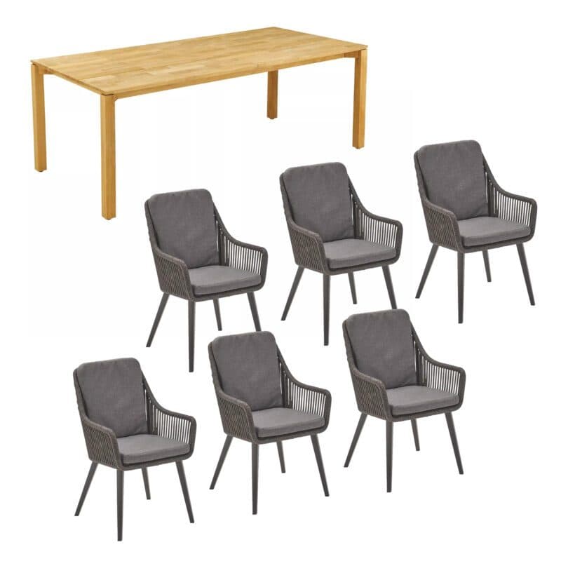 CASA DOMA Set mit "Campana" Tisch 210x100cm aus Teakholz und "Ribera" Diningsessel, hohe Rückenlehne, Rope anthrazit, Vierkant-Gestell Edelstahl anthrazit