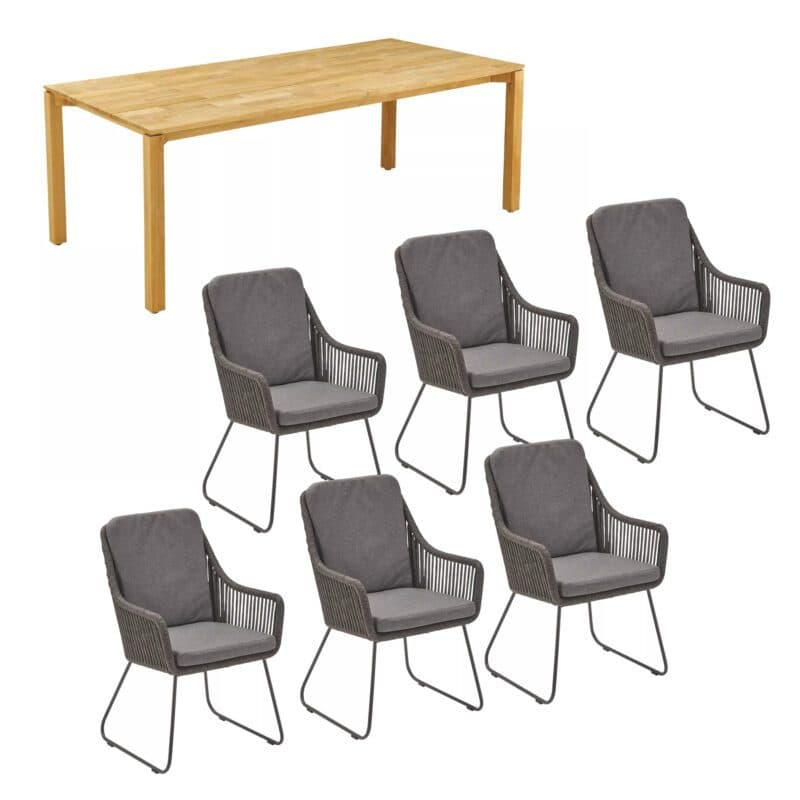 CASA DOMA Set mit "Campana" Tisch 210x100cm aus Teakholz und "Ribera" Diningsessel, hohe Rückenlehne, Rope anthrazit, Kufengestell Edelstahl anthrazit