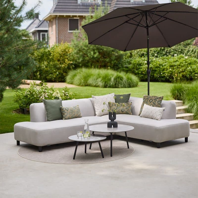 Hartman "Monaco" Loungeset sit&heat®, Easy Dry Foam, Bezug Sunbrella® chalk grey mit Loungetisch-Set "Monaco" 60cm und 80cm, Keramik beige, Gestelle Aluminium schwarz