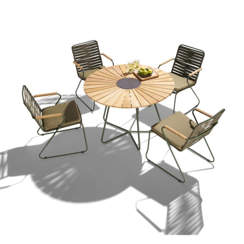 Liadomo "Atina" Set mit Stapelstuhl, Kufengestell Edelstahl dunkelgrün, Rope oliv und Gartentisch Ø 110 cm mit Teakplatte mit Keramik-Einlage