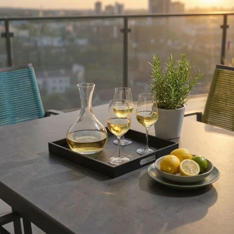 Liadomo Set mit "Scalea" Tisch 210x100 cm, Alu anthrazit, Tischplatte Keramik Granitoptik und "Limbadi" Stapelstuhl, Alu anthrazit, Textilgewebe anthrazit, Rope grün und blau