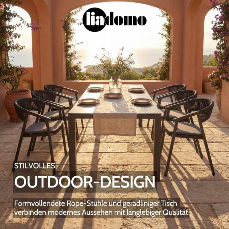 Liadomo "Lenzi" Stapelstuhl und "Scalea" Gartentisch (Bild KI-generiert)