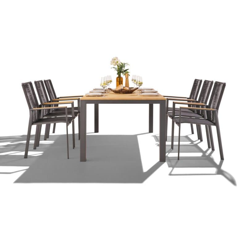 Liadomo Set 7-tlg. mit "Scalea" Tisch 210x100 cm, Aluminium anthrazit, Tischplatte Teak und "Limbadi" Stapelstuhl, Aluminium anthrazit, Rope anthrazit, Armlehnen Teak