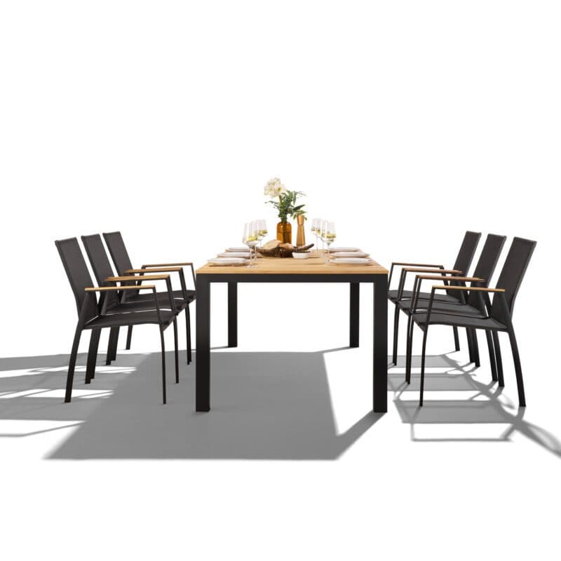 Liadomo Set 7-tlg. mit "Scalea" Tisch 210x100 cm, Aluminium anthrazit, Tischplatte Teak und "Pellaro" Stapelstuhl, Aluminium anthrazit, Textilgewebe anthrazit, Armlehnen Teak