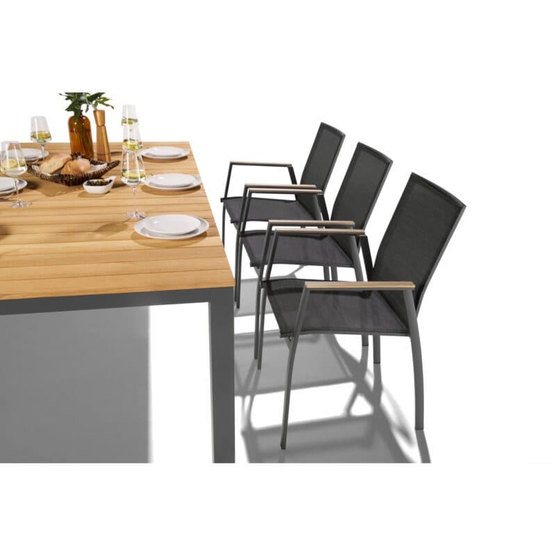 Liadomo Set 7-tlg. mit "Scalea" Tisch 210x100 cm, Aluminium anthrazit, Tischplatte Teak und "Pellaro" Stapelstuhl, Aluminium anthrazit, Textilgewebe anthrazit, Armlehnen Teak
