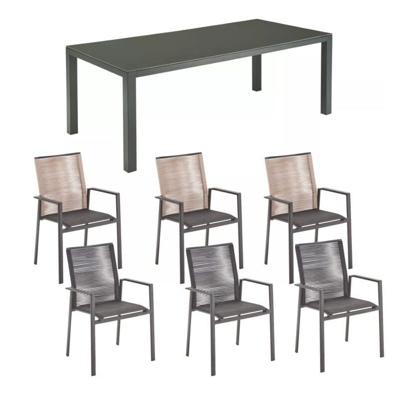 Liadomo Set mit "Scalea" Tisch 210x100 cm, Alu anthrazit, Tischplatte Keramik Granitoptik und "Limbadi" Stapelstuhl, Alu anthrazit, Textilgewebe anthrazit, Rope beige und anthrazit