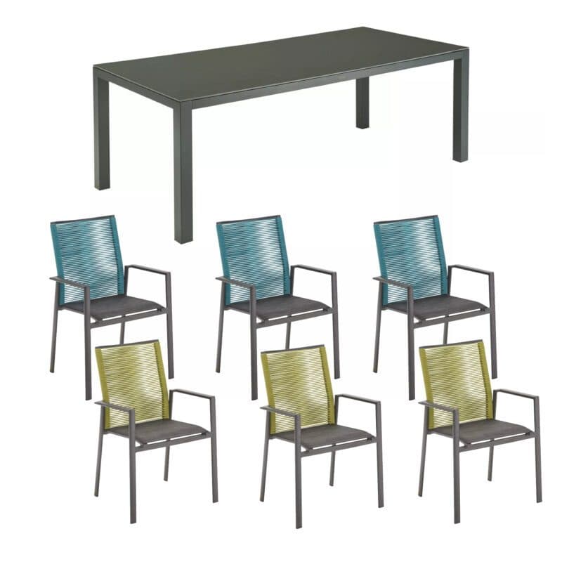 Liadomo Set mit "Scalea" Tisch 210x100 cm, Alu anthrazit, Tischplatte Keramik Granitoptik und "Limbadi" Stapelstuhl, Alu anthrazit, Textilgewebe anthrazit, Rope grün und blau