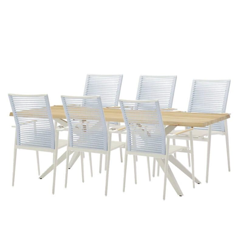 Musterring Set mit Gartentisch "Dänemark" 220x95cm Edelstahl ivory und Gartenstuhl "Kopenhagen" Aluminium ivory, Textilen taupe, Rope himmelblau