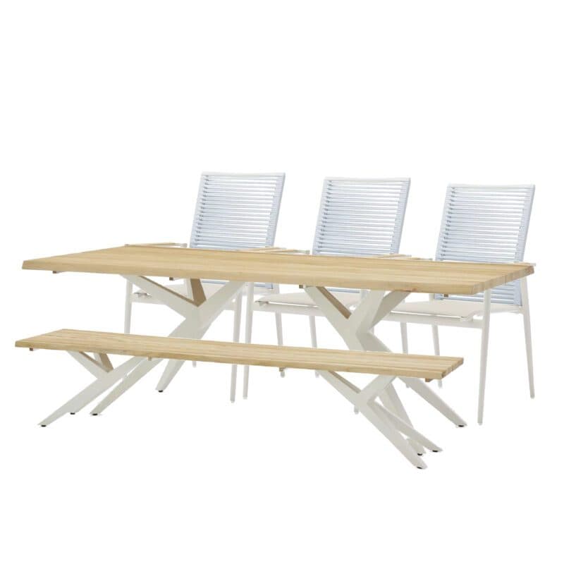 Musterring Set mit Gartentisch "Dänemark" 220x95cm und Bank "Skagen" Edelstahl ivory sowie Gartenstuhl "Kopenhagen" Aluminium ivory, Textilen taupe, Rope himmelblau