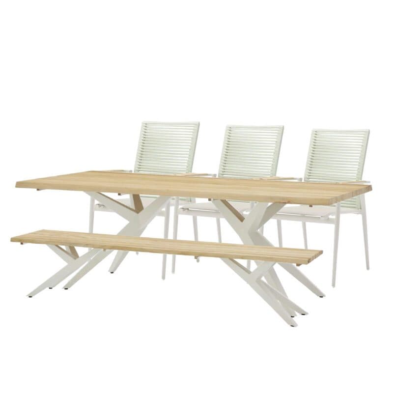 Musterring Set mit Gartentisch "Dänemark" 220x95cm und Bank "Skagen" Edelstahl ivory sowie Gartenstuhl "Kopenhagen" Aluminium ivory, Textilen taupe, Rope lichtgrün