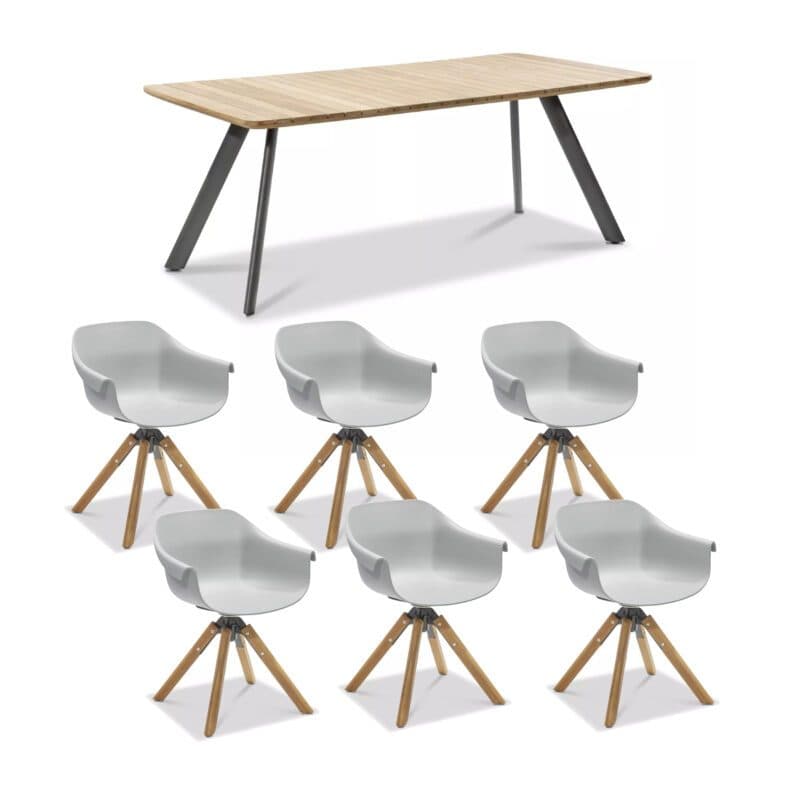 Musterring "Schweden" Gartentisch 200x90 cm, Aluminium anthrazit, Teak mit Schalenstuhl "Stockholm", Kunststoff grau