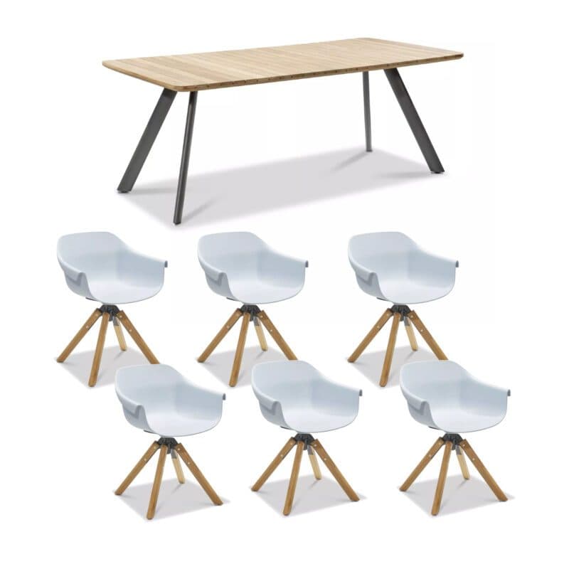 Musterring "Schweden" Gartentisch 200x90 cm, Aluminium anthrazit, Teak mit Schalenstuhl "Stockholm", Kunststoff pastellblau