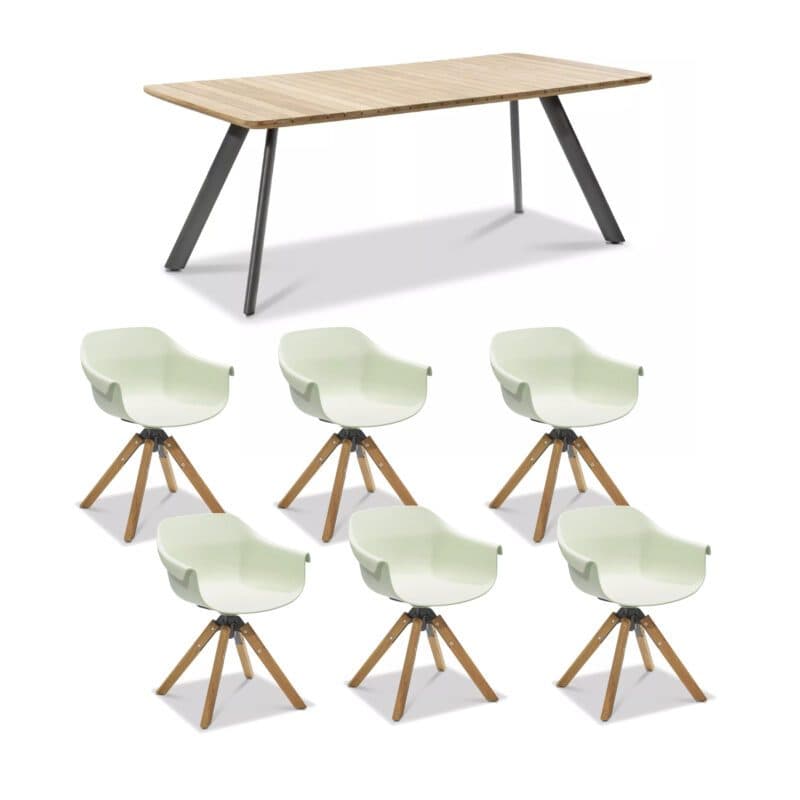 Musterring "Schweden" Gartentisch 200x90 cm, Aluminium anthrazit, Teak mit Schalenstuhl "Stockholm", Kunststoff pastellgrün