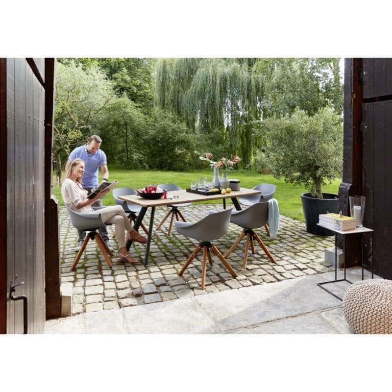 Musterring "Schweden" Gartentisch 200x90 cm, Aluminium anthrazit, Teak mit Schalenstuhl "Stockholm"