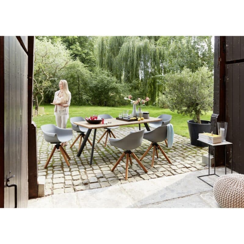 Musterring "Schweden" Gartentisch 200x90 cm, Aluminium anthrazit, Teak mit Schalenstuhl "Stockholm"