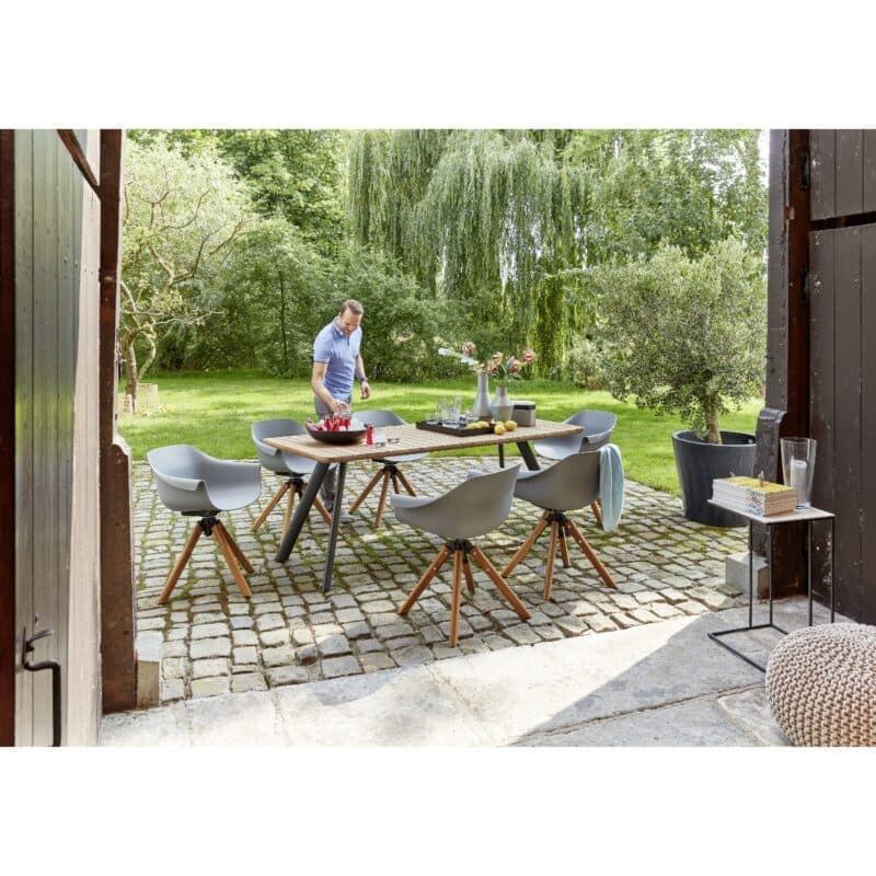 Musterring "Schweden" Gartentisch 200x90 cm, Aluminium anthrazit, Teak mit Schalenstuhl "Stockholm"