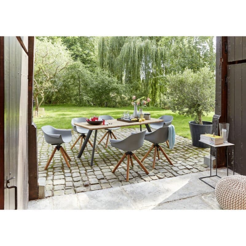 Musterring "Schweden" Gartentisch 200x90 cm, Aluminium anthrazit, Teak mit Schalenstuhl "Stockholm"