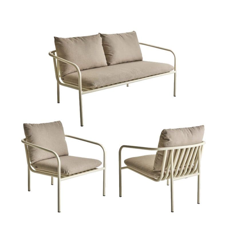 Brafab "Bendt" Loungeset 3-teilig mit Sofa und 2x Sessel, Gestelle Aluminium pearl white, Kissen Teddy beige