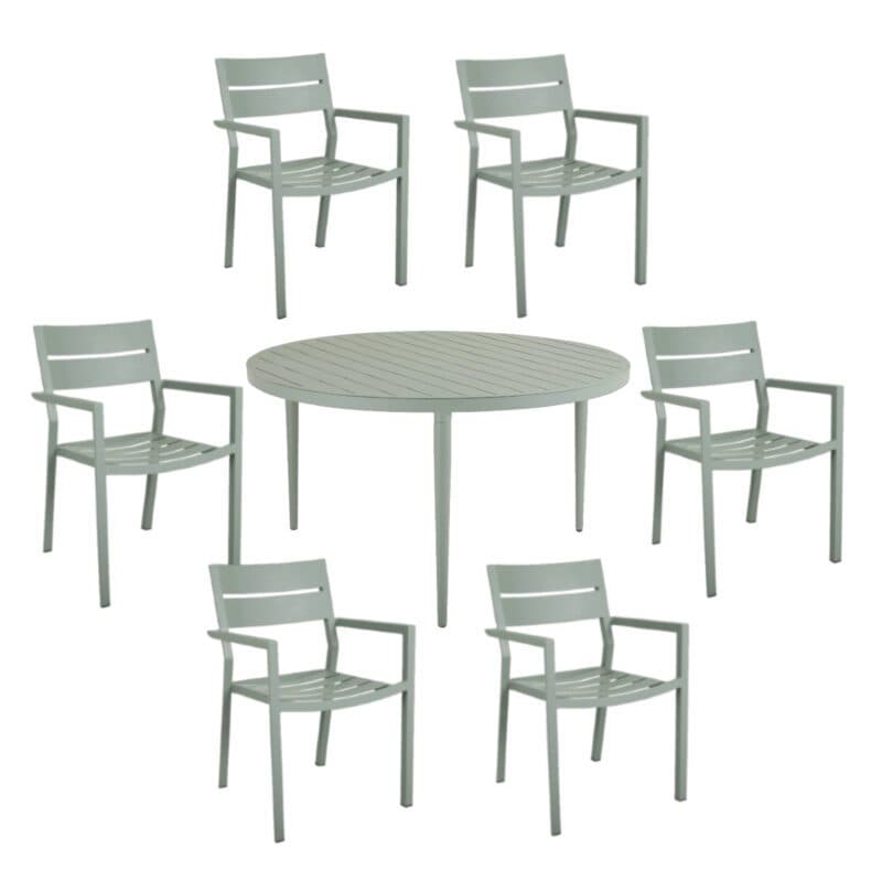 Brafab Gartenmöbel-Set 7-teilig, mit "Delia" Stapelstuhl Aluminium dusty green und "Bigby" Tisch Ø 130 cm Aluminium dusty green