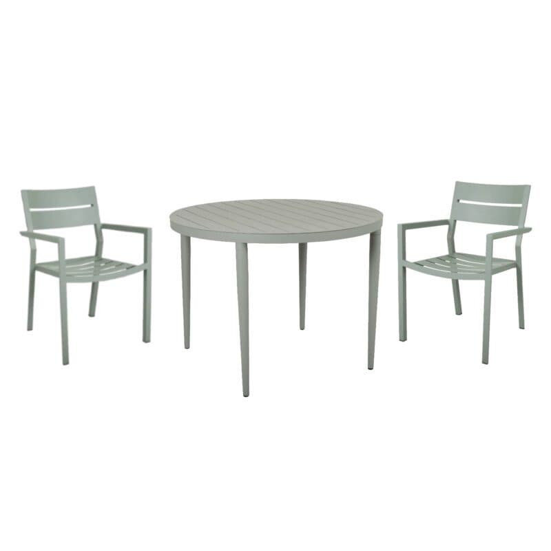 Brafab Gartenmöbel-Set 3-teilig, mit "Delia" Stapelstuhl Aluminium dusty green und "Bigby" Tisch Ø 100 cm Aluminium dusty green
