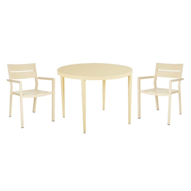Brafab Gartenmöbel-Set 3-teilig, mit "Delia" Stapelstuhl Aluminium lemon und "Bigby" Tisch Ø 100 cm Aluminium lemon