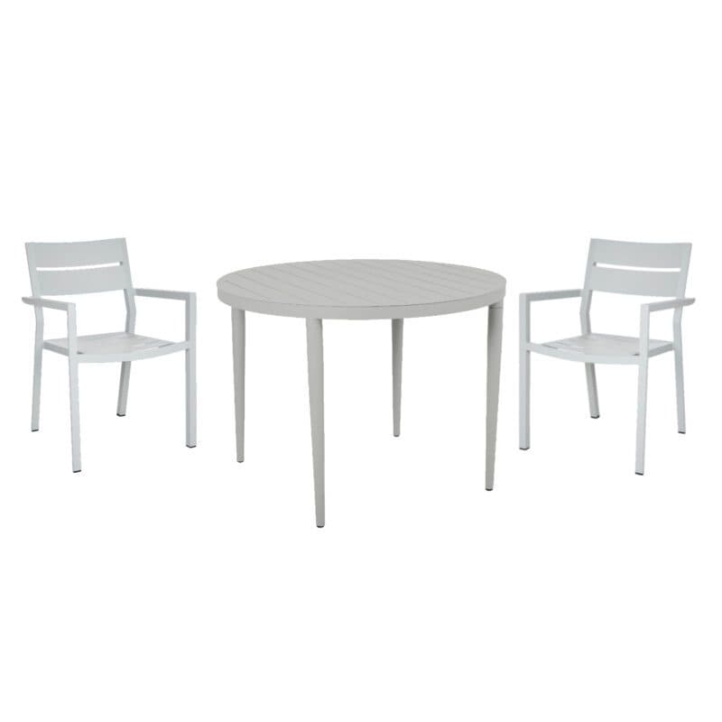Brafab Gartenmöbel-Set 3-teilig, mit "Delia" Stapelstuhl Aluminium light grey und "Bigby" Tisch Ø 100 cm Aluminium light grey