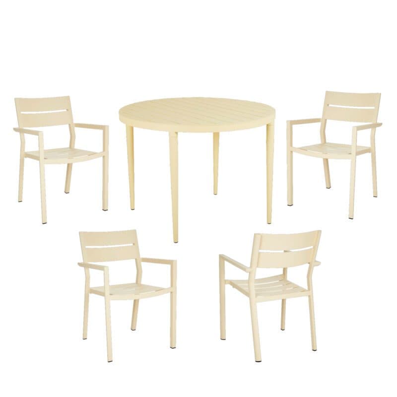 Brafab Gartenmöbel-Set 5-teilig, mit "Delia" Stapelstuhl Aluminium lemon und "Bigby" Tisch Ø 100 cm Aluminium lemon